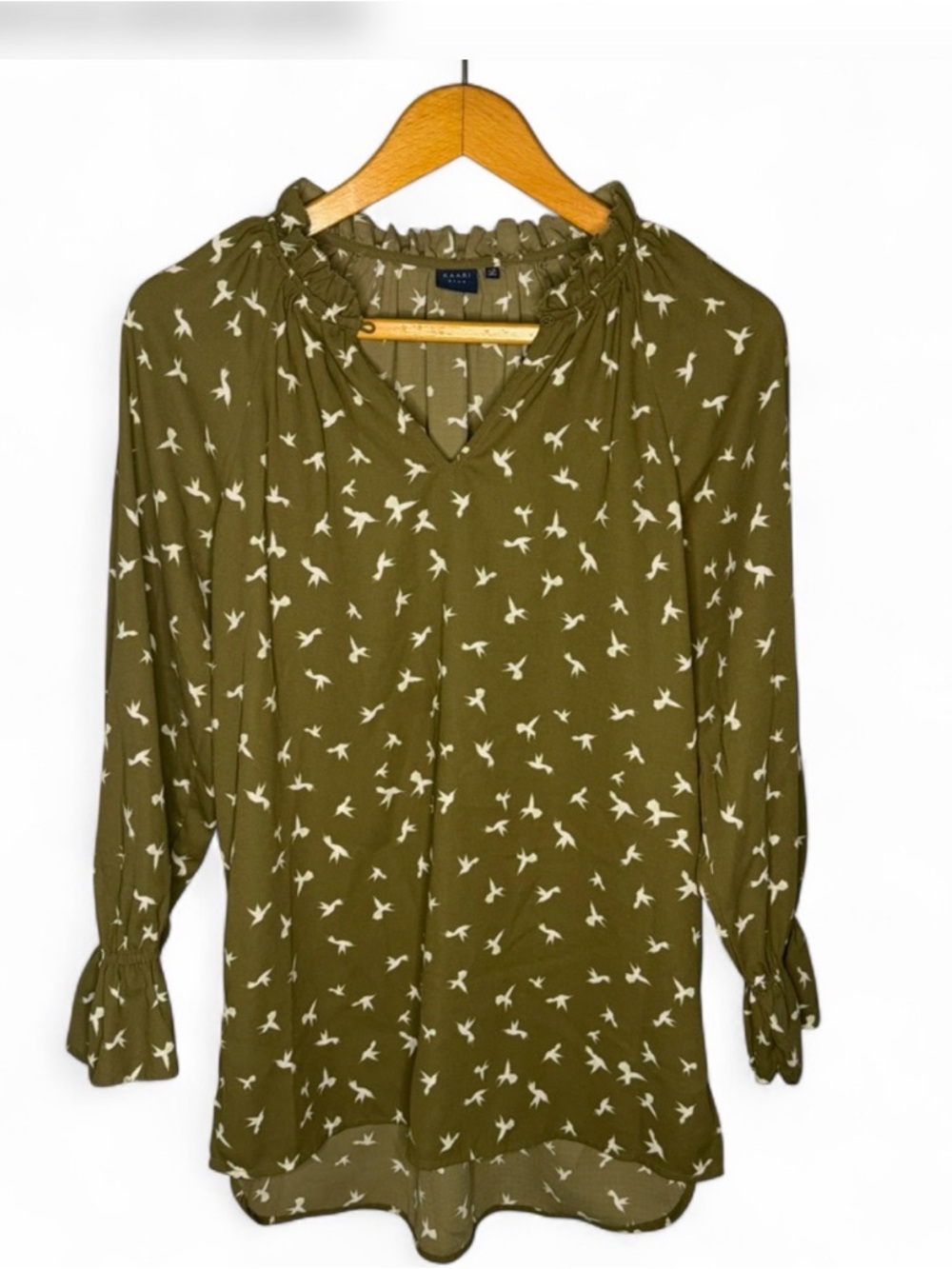Kaari Blue Olive Bird Print Blouse XS Ruffle Neck Boho‎ Top